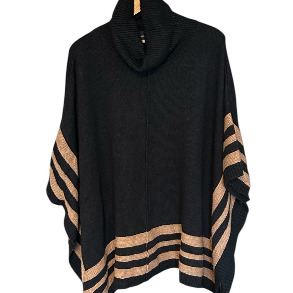 Cynthia Rowley Elegant Black and Tan Women's Turtle Neck Cape Poncho